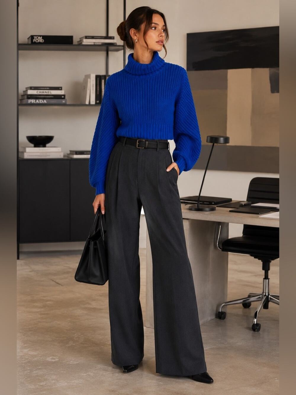 Undra Celeste New York Cobalt Blue Chunky Knit Cropped Turtleneck Sweater  Small